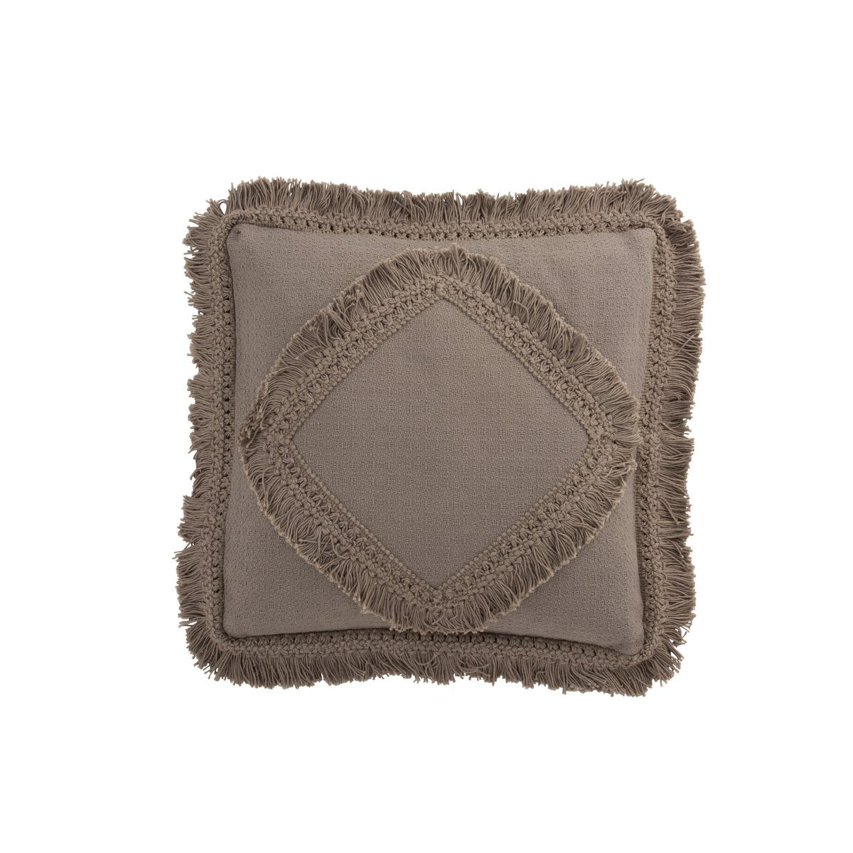 J-Line Sierkussen Fringe Square - Luxe Katoenen Kussen in Taupe - Elegante Aanvulling voor Jouw Interieur